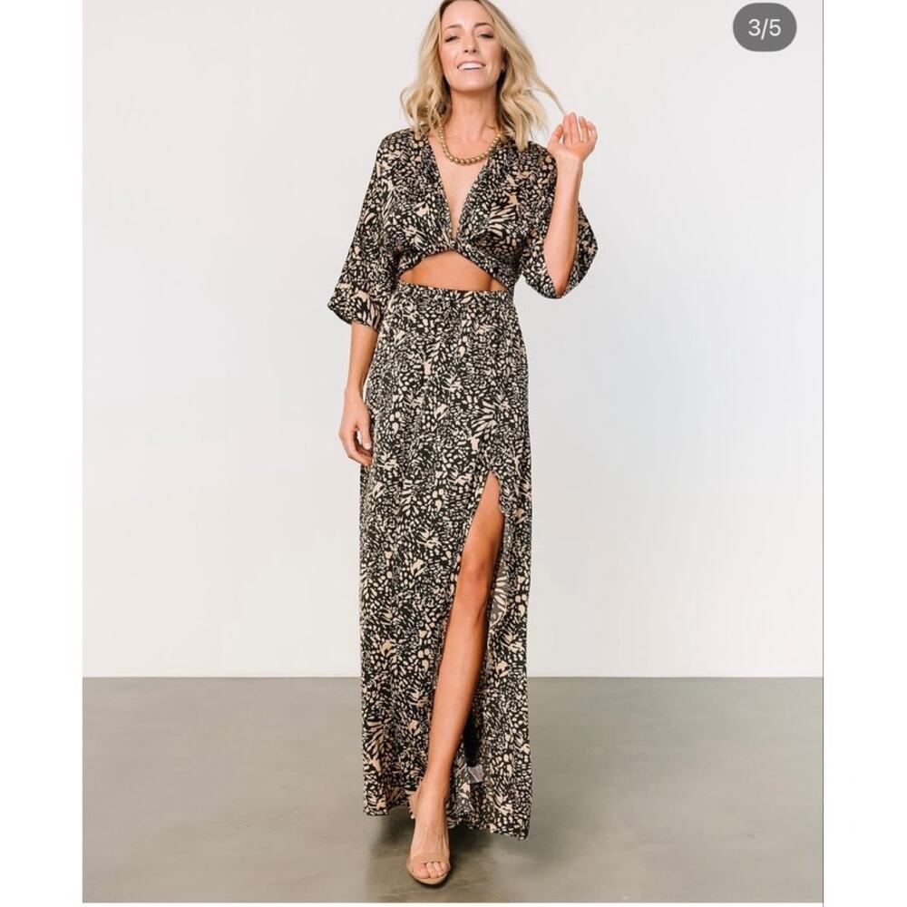 Baltic Born Women XL Morlana Maxi Dress Black Print Wrap Slit Dress Contemporary